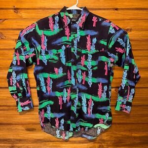 Vintage Wrangler Western Shirt Mens Size 16.5 Brushpop Cactus Print Cowboy Cut